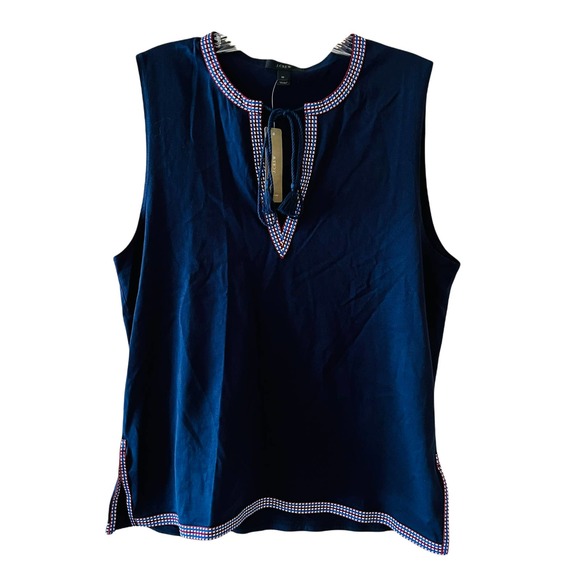 J. Crew Cotton Navy Multicolored Trim Sleeveless Tie Neck Top Size Medium NEW - Picture 2 of 9